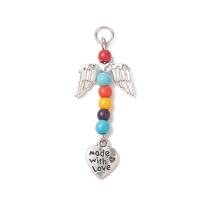 Dyed Synthetic Turquoise Pendants, Angel Wing Charms with Antique Silver Plated Alloy Love Heart