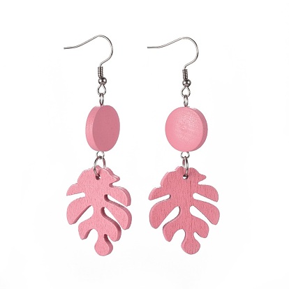 Painted Poplar Wood Dangle Earrings, with 316 Surgical Stainless Steel Earring Hooks, Flat Round & Monstera Leaf