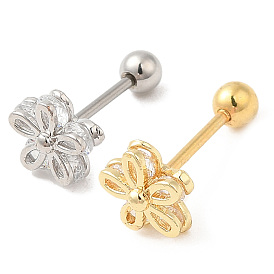 Brass Micro Pave Clear Cubic Zirconia Stud Earrings, with 316 Stainless Steel Pin and Ear Nut, Flower
