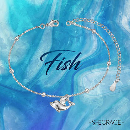 SHEGRACE Brass Charm Anklets, with Grade AAA Cubic Zirconia, Cable Chains and Round Beads, Dolphin