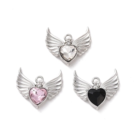 Rack Plating Alloy Glass Pendants, Cadmium Free & Lead Free & Nickle Free, Platinum, Faceted Heart Charm with Wing