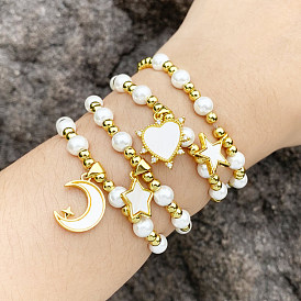 Chic Pearl Beaded Bracelet with French Style Charms and Moon & Heart Pendants