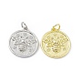 Rack Plating Brass Pendants, Long-Lasting Plated, Lead Free & Cadmium Free, Flat Round with Bee Charm