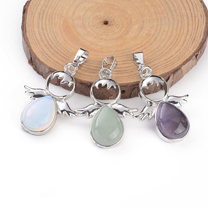 Natural & Synthetic Mixed Gemstone Pendants, with Platinum Plated Brass Findings, Angel