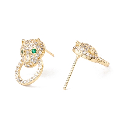 Cabeza de leopardo con circonitas cúbicas verdes y aretes de anilla, joyas de latón para mujer, sin plomo y el cadmio