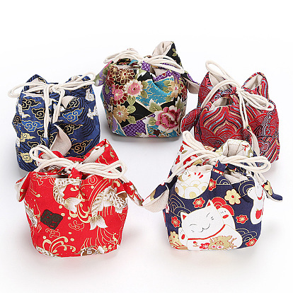 Chinese Style Printed Cotton Packing Pouches Drawstring Bags, Square