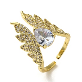Rack Plating Brass Micro Pave Clear Cubic Zirconia Open Cuff Rings, with Glass, Wing