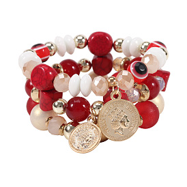 Bohemian Beaded Coin Bracelet - Fashionable Eye Jewelry with Agate-like Stones and European Elasticity
