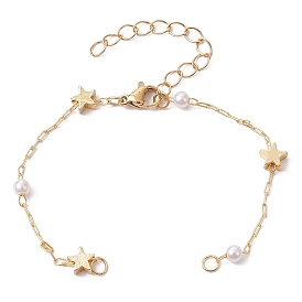 Brass Star & ABS Imitation Pearl Beaded Chain Bracelet Making, with Lobster Claw Clasp, Fit for Connector Charms