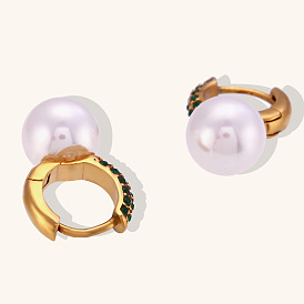Luxury Gold Plated Stainless Steel Earrings with Faux Pearl and Full Diamond for Women