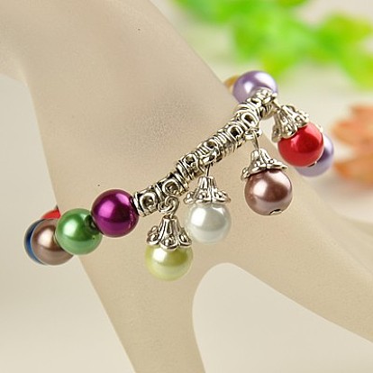 Carnival Jewelry Tibetan Style Charm Bracelets, Stretch Bracelets, with Glass Pearl Beads, 55mm