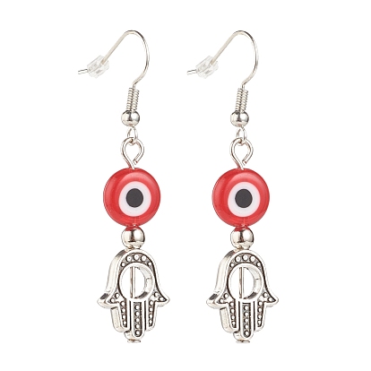 Lampwork Evil Eye with Hamsa Hand Dangle Earrings, Alloy Jewelry for Women