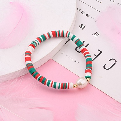 Bracelets extensibles de perles heishi en argile polymère, avec perles d'imitation acrylique et perles en laiton