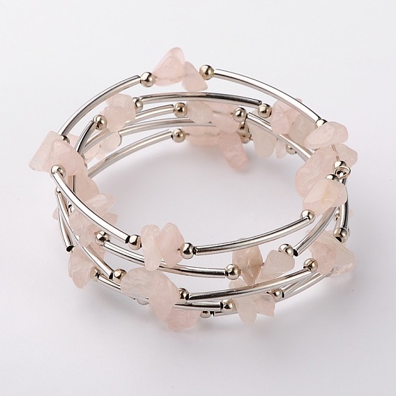 Gemstone Chip Warp Bracelets, Steel Bracelet Memory Wire with Brass Tube Beads and Iron Round Beads, Platinum, 53mm