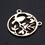 201 Stainless Steel Pendants, Filigree Joiners Findings, Laser Cut, Round Ring with Branch with Bird