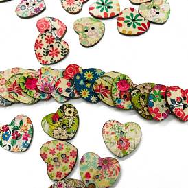 2-boutons en bois peints à trous, coeur avec fleur