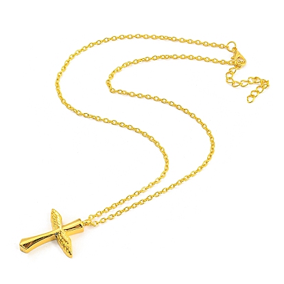 Religion Cross with Wing Pendant Necklaces, Zinc Alloy Cable Chain Necklaces with Lobster Claw Clasp & Chain Extender