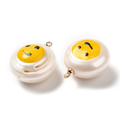 Natural Pearl Pendants with Enamel, Smiling Face Print Flat Round Charms with Golden Tone Brass Pendant Bails