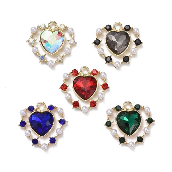 Alloy Pendants, with Plastic Imitation Pearl, Glass and Rhinestone, Heart, Light Gold