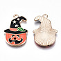 Alloy Enamel Pendants, Halloween, Cadmium Free & Lead Free, Pumpkin with Hat, Light Gold