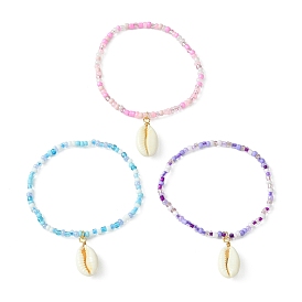3Pcs 3 Color Glass Seed Beaded Stretch Bracelets Set with Natural Shell Charms