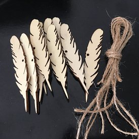 Décorations de pendentifs en bois non finis, avec une corde de chanvre, plume