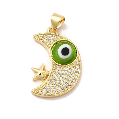 Rack Plating Brass Micro Pave Clear Cubic Zirconia Pendants, with Handmade Evil Eye Lampwork, Cadmium Free & Lead Free, Long-Lasting Real 18K Gold Plated, Moon with Star Charm