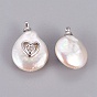 Pendentifs de perles d'eau douce de culture naturelle, avec cabochons en cuivre pavé d'oxyde de zirconium, plaqué longue durée, pépites avec le coeur