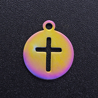 Ion Plating(IP) 201 Stainless Steel Charms, Flat Round with Cross
