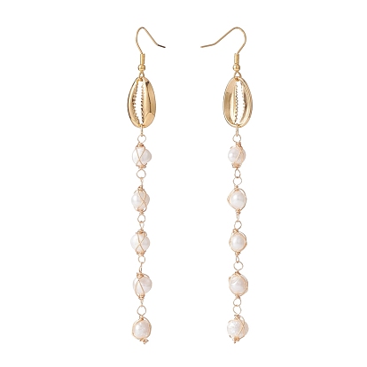 Natural Cowrie Shell Natural Pearl Beaded Long Tassel Dangle Earrings, Wire Wrap Pearl Beads Earrings for Girl Women, Golden