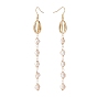 Aretes largos con borlas y cuentas de perlas naturales de concha de cauri natural, Pendientes de perlas con envoltura de alambre para niñas y mujeres., dorado