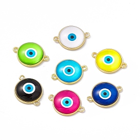 Evil Eye Resin Connector Charms, Flat Round Links, with Golden Tone Brass Findings