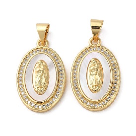Brass Micro Pave Cubic Zirconia Pendants, with Shell, Oval