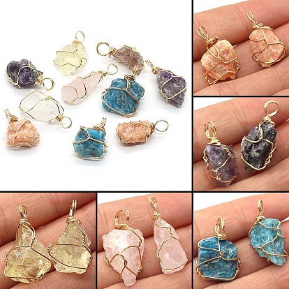 Raw Rough Natural Gemstone Pendants, Nuggets Charms with Golden Plated Copper Wire Wrapped