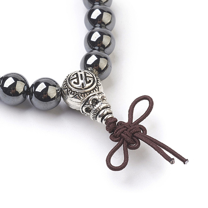 Round Gemstone Stretch Bracelets, with Alloy Guru Bead Sets, Burlap Packing, Antique Silver
