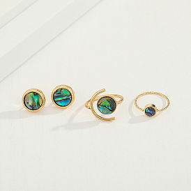 Chic Resin Shell Jewelry Set - Round Abalone Earrings, Ring and Studs