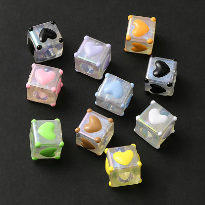 Transparent Acrylic European Beads, with Enamel, Large Hole Beads, Cube with Heart