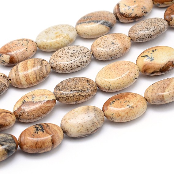 Foto del jaspe natural hebras de perlas ovaladas planas, 14x10x6 mm, agujero: 1 mm, sobre 29 unidades / cadena, 15.7 pulgada