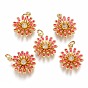 Brass Micro Pave Clear Cubic Zirconia Pendants, Long-Lasting Plated, with Enamel & Jump Rings, Flower, Real 18K Gold Plated
