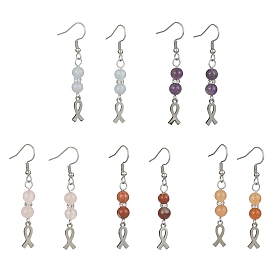 Natural Mixed Gemstone Dangle Earrings, 304 Stainless Steel Breast Cancer Care Ribbon Drop Earrings