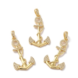 Rack Plating Brass Micro Pave Cubic Zirconia Pendants, Cadmium Free & Lead Free, Real 18K Gold Plated, Anchor