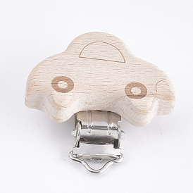 Clips porte-sucette bébé en bois de hêtre, avec des clips de fer, voiture, platine