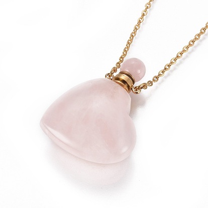 Natural Gemstone Openable Perfume Bottle Pendant Necklaces, with Stainless Steel Cable Chain and Plastic Dropper, Heart