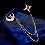 Épinglette étoile et lune en zircone cubique avec chaînes de sécurité suspendues, insigne en laiton pour col de chemise de costume