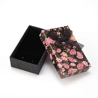 Caja de embalaje de joyería de cartón con patrón de flores, 2 espacio, para pendientes de anillo, con lazo de cinta y esponja negra, Rectángulo