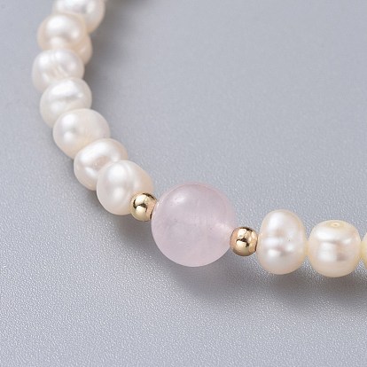 Stretch Grade A Natural Freshwater Pearl Bracelets, with Gemstone Beads and Brass Beads