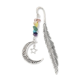 Alloy Feather Bookmark with Moon & Star, Gemstone Chip Beaded Pendant Bookmark