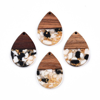 Transparent Resin & Walnut Wood Pendants, with Gold Foil, Teardrop Charm