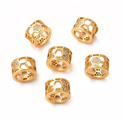 Brass Micro Pave Clear Cubic Zirconia European Beads, Long-Lasting Plated, Large Hole Bead, Column with Hexagon