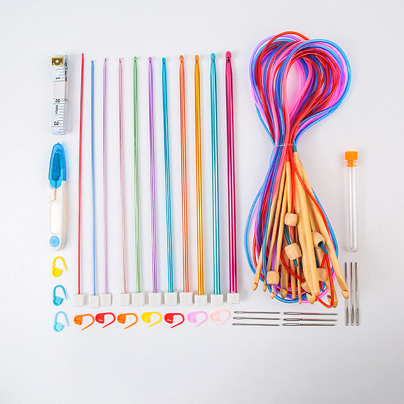 Kits de herramientas para tejer, incluyendo agujas de tejer circulares, agujas de crochet rectas, agujas de coser de ojo grande, cinta métrica, tijera, marcador de punto de bloqueo